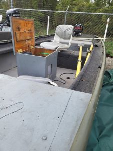 Sea Nymph 1648 boat with 20 HP jet motor and fishing gear.