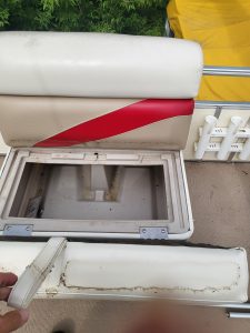 Used boat cooler with red and white design for Sweetwater 23 Fish.
