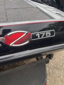 Close-up of Ranger Z175 boat model badge on the side of the boat.