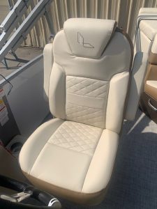 White boat seat with diamond stitching and logo embroidery for Lowe Boats SS210.