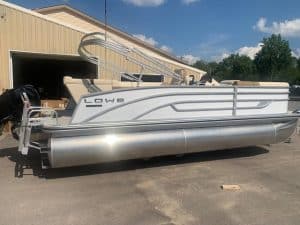 Lowe SS210 pontoon boat with Mercury 60ELPT-CT motor on a trailer.