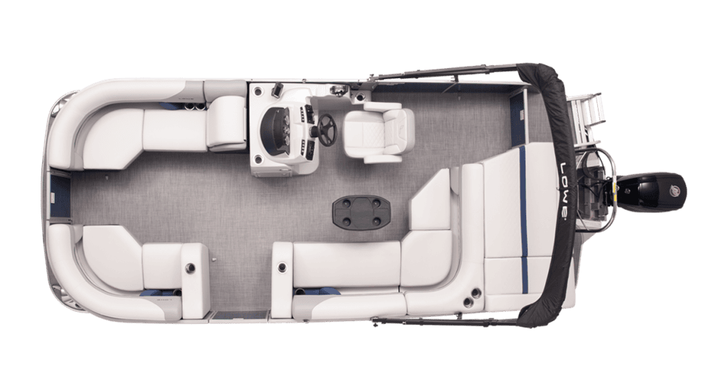 Interior view of Lowe SS210 pontoon boat with Mercury 60ELPT-CT motor.