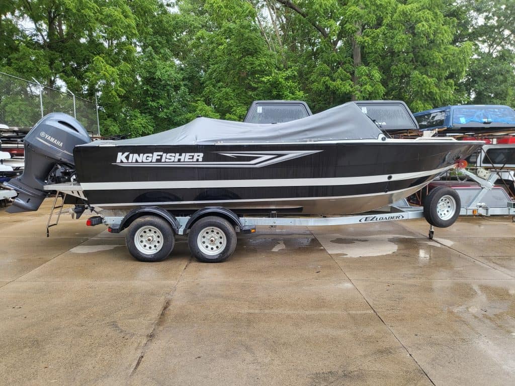 KingFisher 2025 Escape boat on trailer at Camp and Cruise.