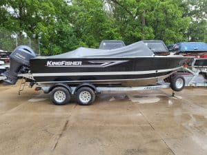 KingFisher 2025 Escape boat on trailer at Camp and Cruise.