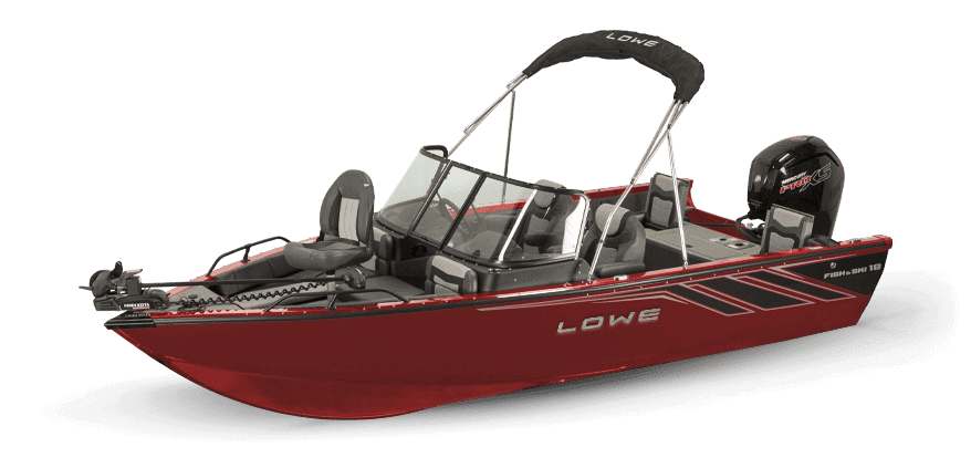 Lowe FS18 boat with Mercury 115 engine on water, side view.