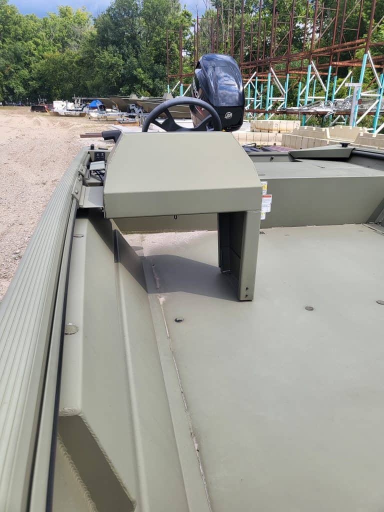 Close-up of boat console and steering wheel on Lowe Boats RX1760.