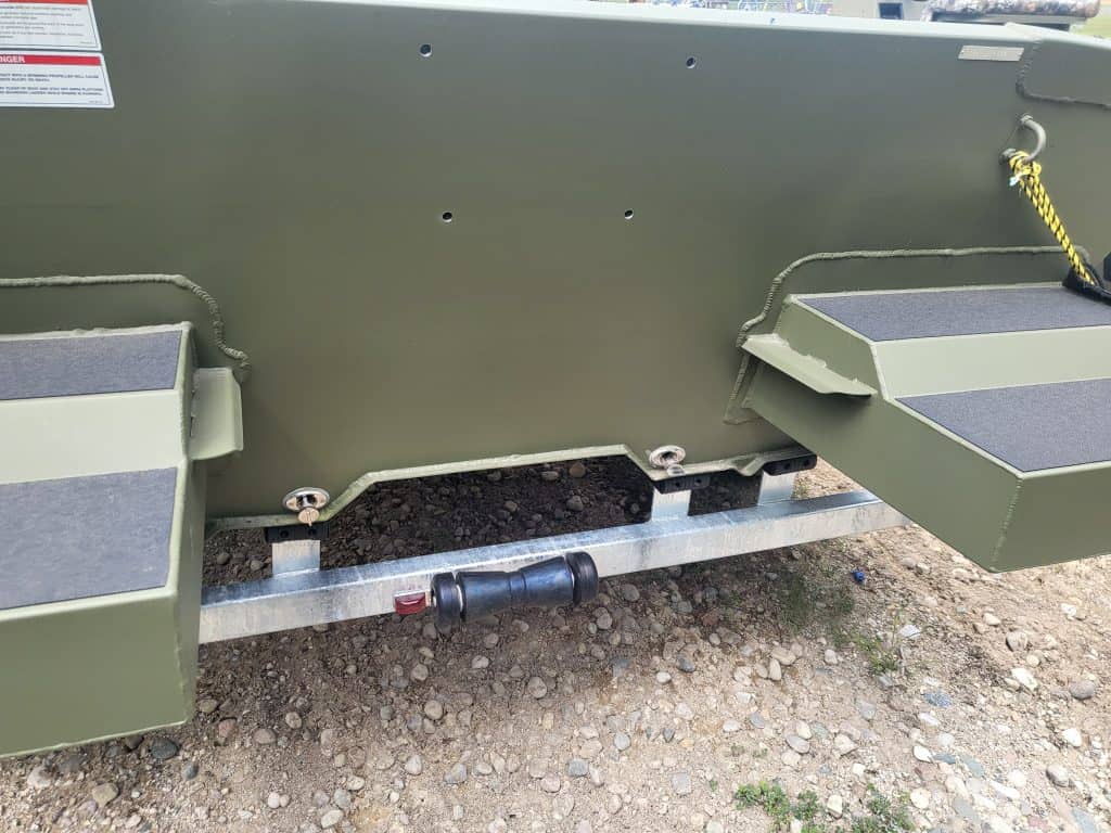 Close-up of Lowe Boats RX1760 aluminum boat hull and trailer.