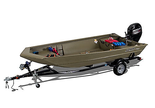 Lowe Boats RX 1760 fishing boat on trailer with outboard motor.