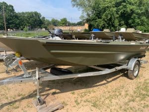 SeaArk 1660 MVT fishing boat on trailer for sale or display.