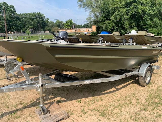 SeaArk 1660 MVT fishing boat on trailer for sale or display.