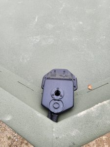 Boat transom drain plug and fitting at the stern of a SeaArk 2072 MVT boat.