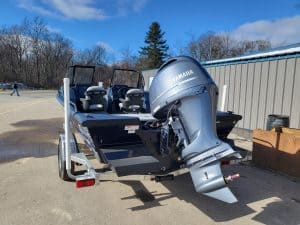 2023 SeaArk Protege boat with Yamaha outboard motor on trailer.