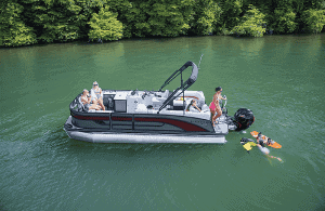 Lowe Boats SF212W pontoon boat with people enjoying a day on the water.