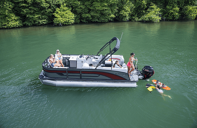 Lowe Boats SF212W pontoon boat with people enjoying a day on the water.