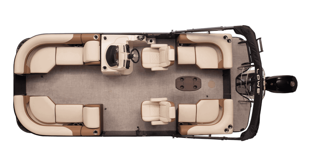 Interior view of Lowe Boats SS230W 2023 with beige seating and steering console.