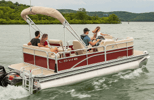 Lowe Boats UF162 pontoon boat with family on lake, 2023 model.