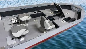 Modern boat interior with seating and storage compartments by Camp and Cruise.