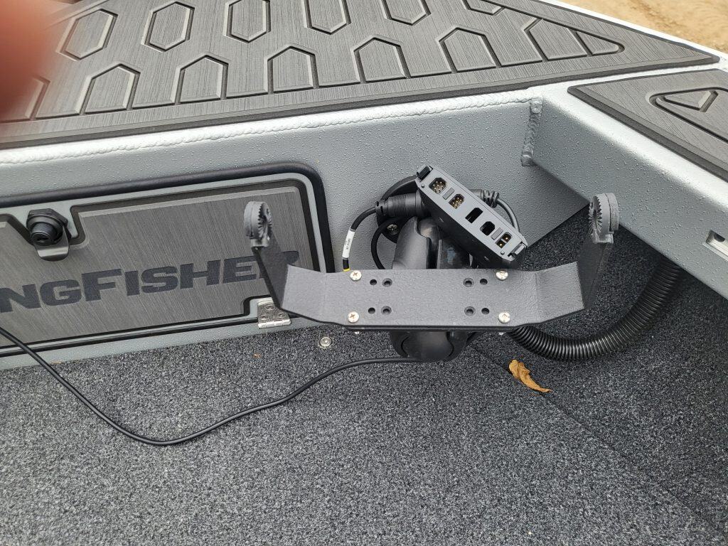 Boat motor mount and deck detail on KingFisher 1925 Arrow Sport boat.