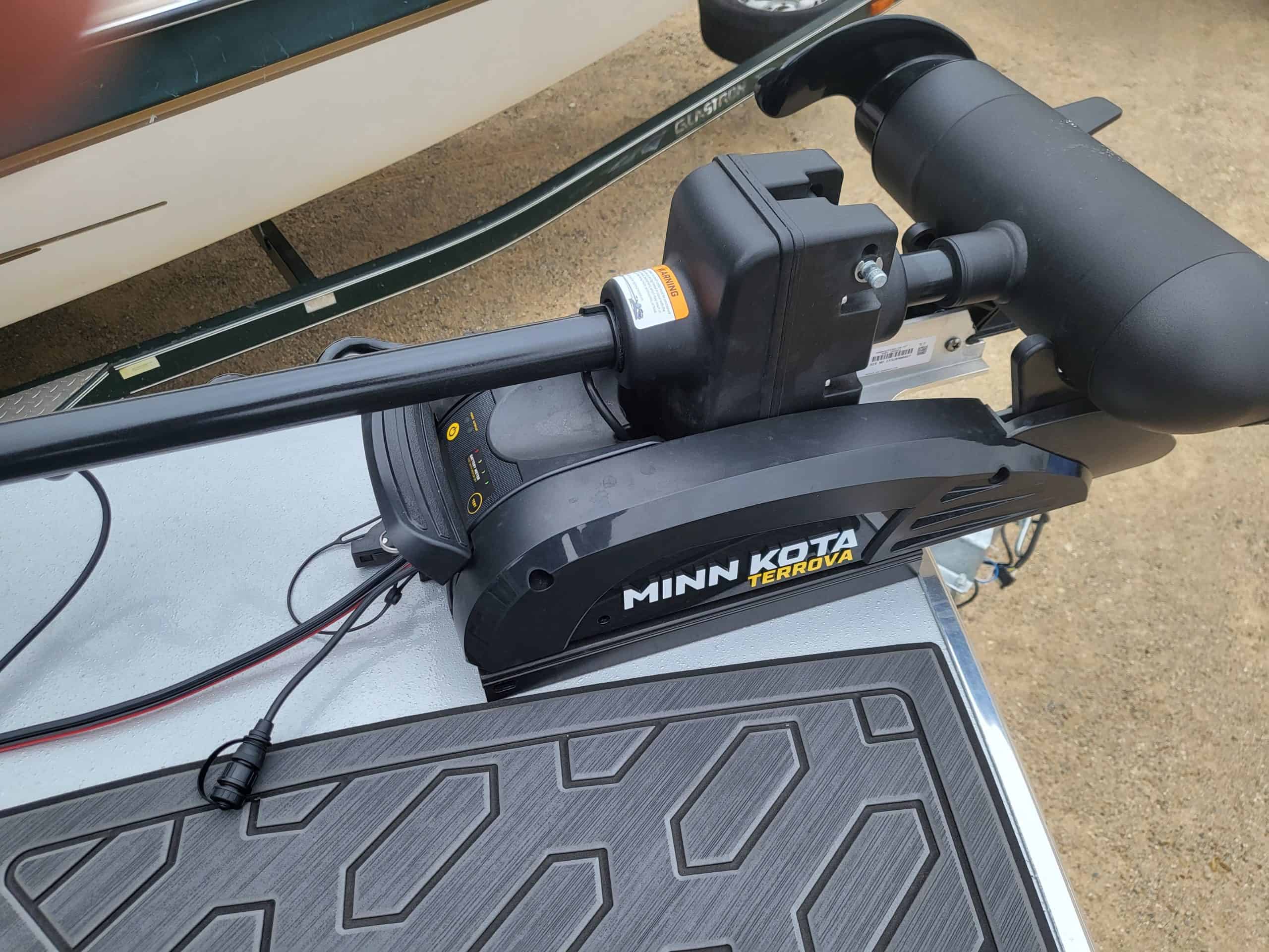 Minn Kota Terrova trolling motor with foot pedal control on boat.