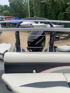 Lowe SD 224 boat with Mercury outboard motor and wakeboard tower.