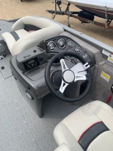 Boat dashboard with steering wheel and gauges for Lowe SD 224 2024.