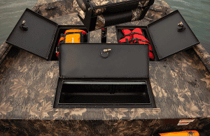 Boat storage compartments with lockable lids on a camo boat deck.