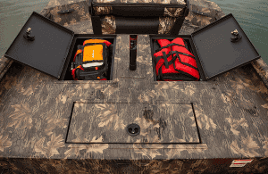 Storage compartments on Lowe Boats RX 1860 Tunnel with safety gear inside.