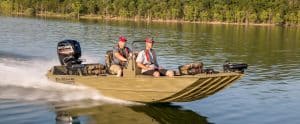 Lowe Boats RX 1860 Tunnel boat with two anglers on a lake.