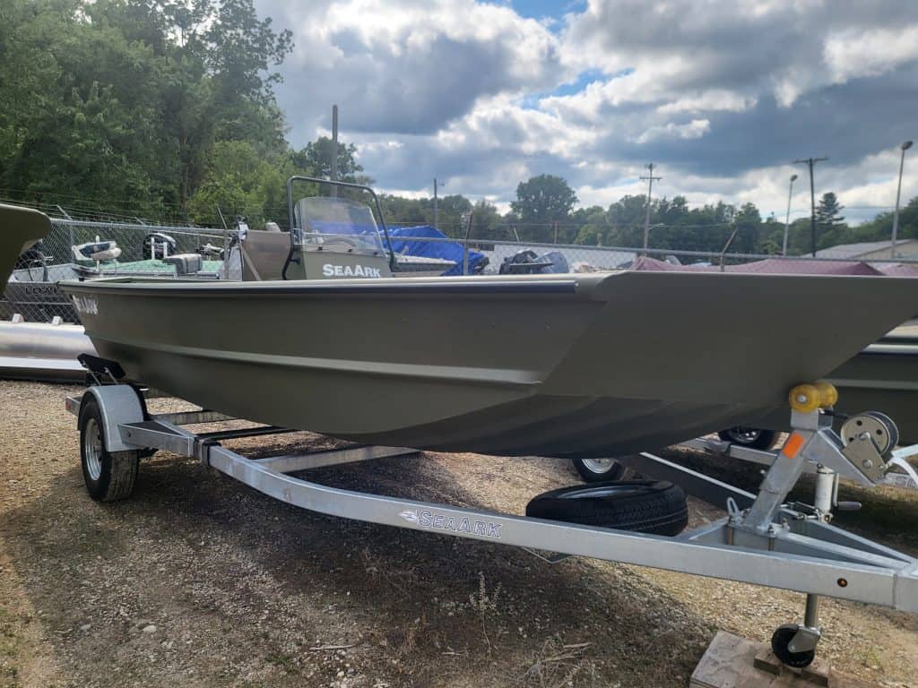 New SeaArk boat on trailer at Camp and Cruise.
