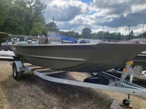 New SeaArk boat on trailer at Camp and Cruise.