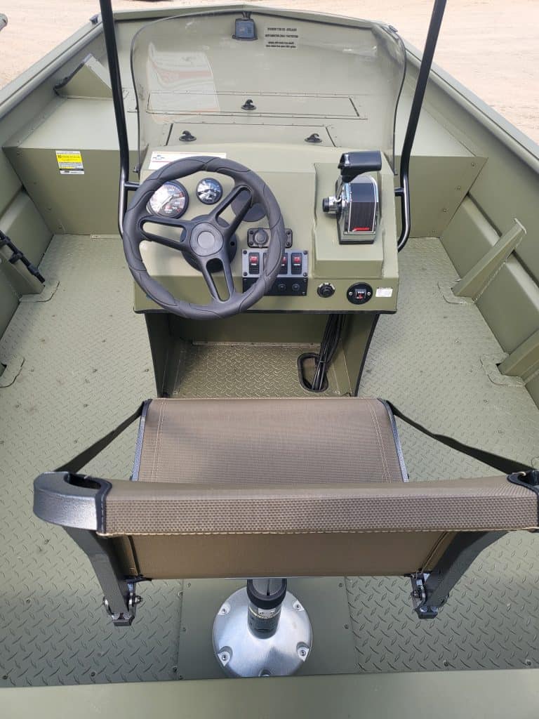 Boat console with steering wheel and controls for SeaArk 1872 JTCC 2024.