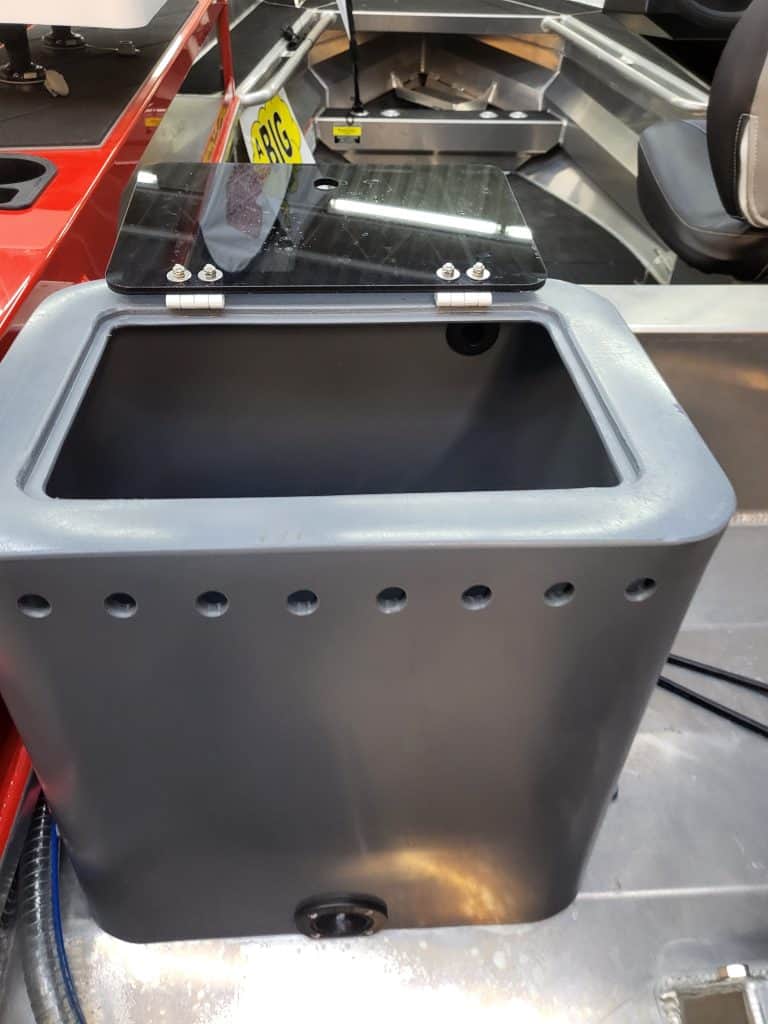 Storage compartment on the StabiCraft 1450 Frontier Sportfish boat.
