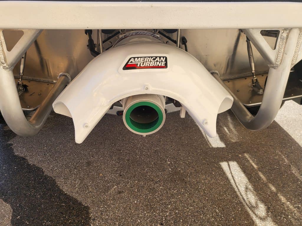 Close-up of American Turbine engine on KingFisher 1975 Fastwater X9 boat.