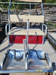 Boat lift seat with beige cushion and metal frame for Paddle King PK3000.