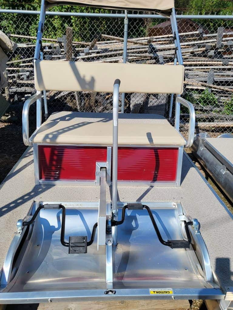 Boat lift seat with beige cushion and metal frame for Paddle King PK3000.