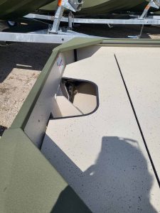 Close-up of boat transom showing mounting area and hull details.