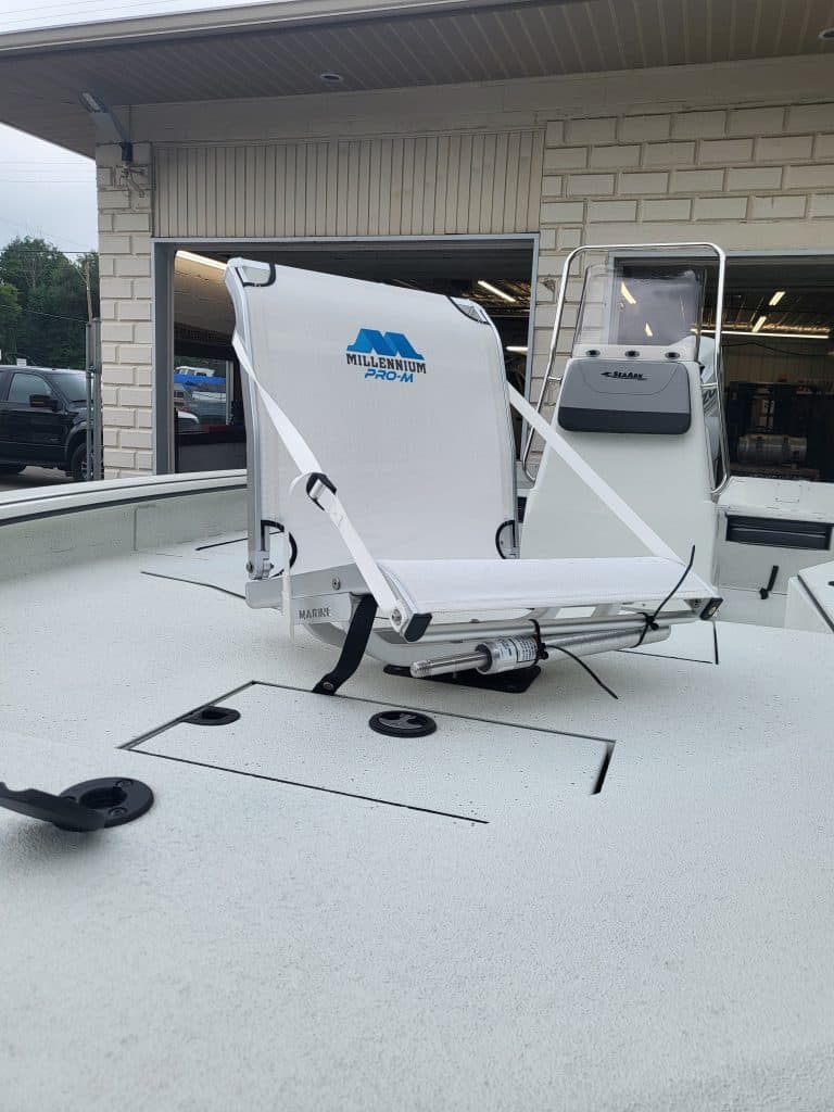 Millennium Pro fish finder mounted on SeaArk BayRunner boat for fishing.