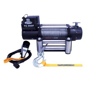 Heavy-duty electric winch with steel cable, remote control, and safety hook for sports facility applications.