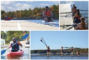 Rowing team practicing on the water at Camp & Cruise.