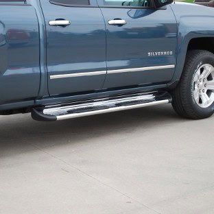 Side view of a Chevrolet Silverado with running boards at Camp & Cruise.