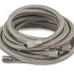 Durable stainless steel braided hose with fittings, ideal for plumbing, industrial, and outdoor applications.