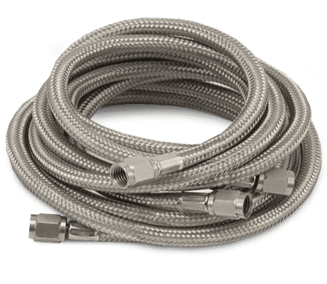 Durable stainless steel braided hose with fittings, ideal for plumbing, industrial, and outdoor applications.