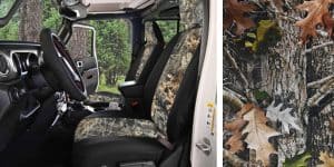 Interior view of a rugged off-road vehicle with camouflage seats in a forest setting.