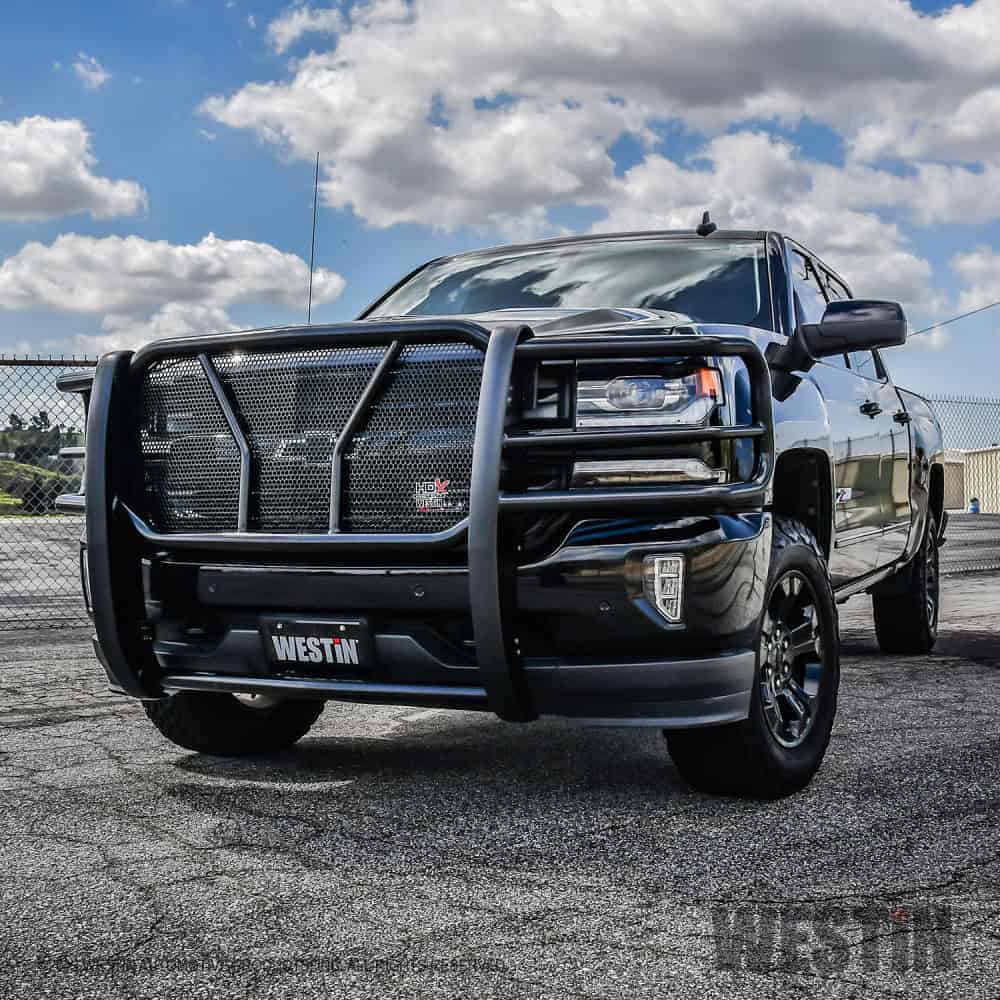 Durable black truck grille guard for added vehicle protection.