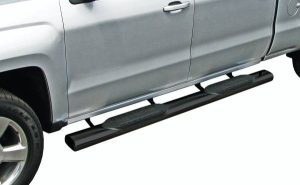 Durable black truck running boards for easy vehicle access.