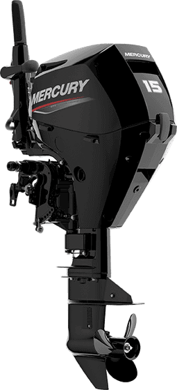 High-performance Mercury 15 HP outboard engine at Camp & Cruise, perfect for boating enthusiasts.