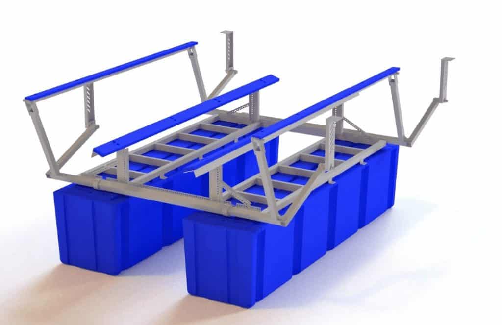 Blue and gray stadium seating frame with modular stands.