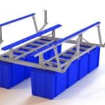 Blue and gray stadium seating frame with modular stands.