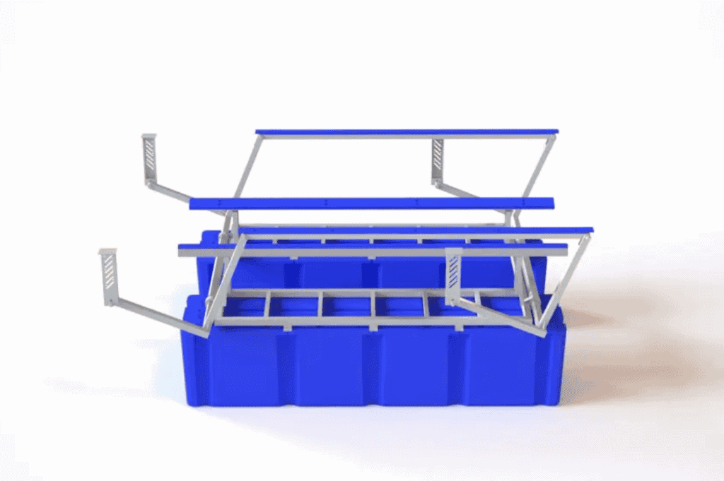 Heavy-duty stadium storage rack for sports equipment and accessories.