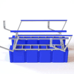 Heavy-duty stadium storage rack for sports equipment and accessories.